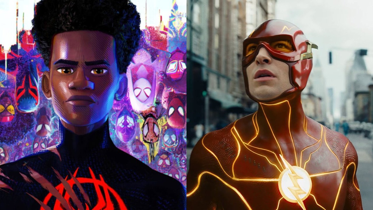 Shots from Across the Spider-Verse and The Flash side by side