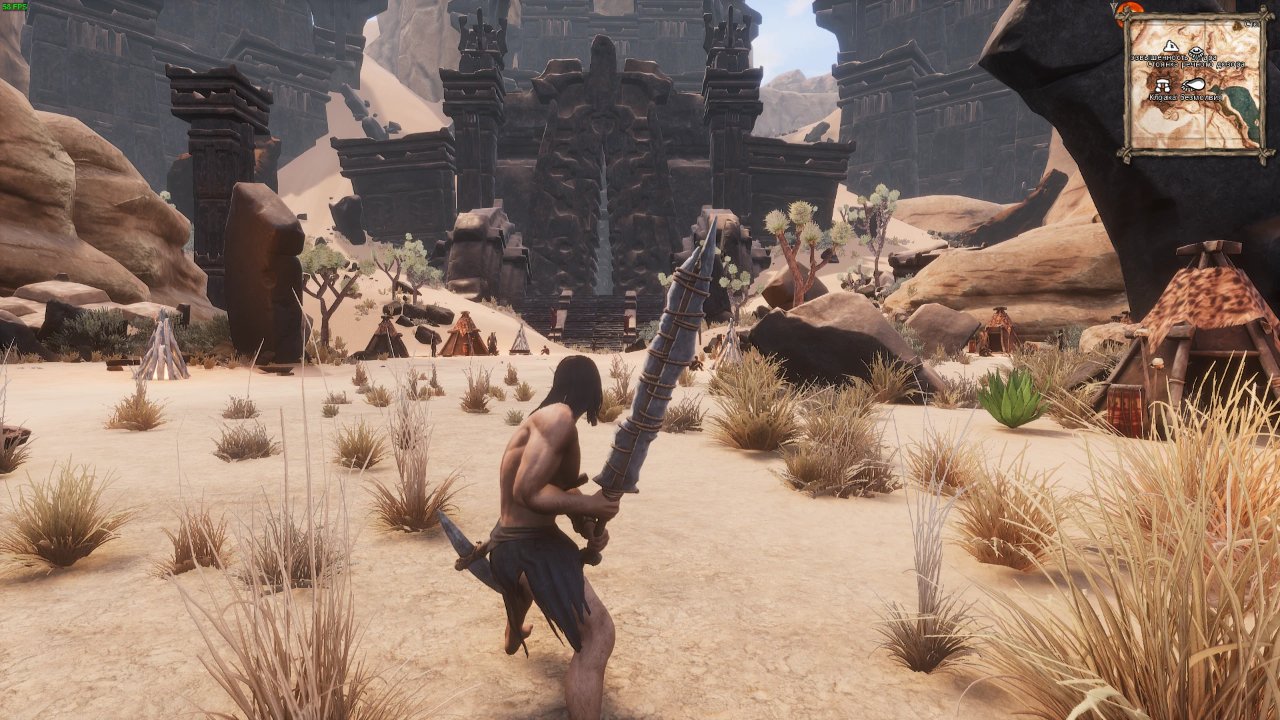 A warrior holding a sword in Conan Exiles, using the Improved Graphics mod