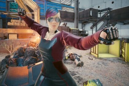 V posing with Gorilla Arms in Cyberpunk 2077