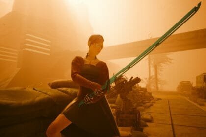 V poses with a katana in Cyberpunk 2077