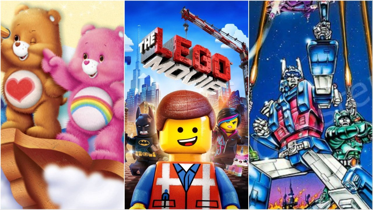 A collage of The Care Bears Movie, The Lego Movie, and Transformers: The Movie