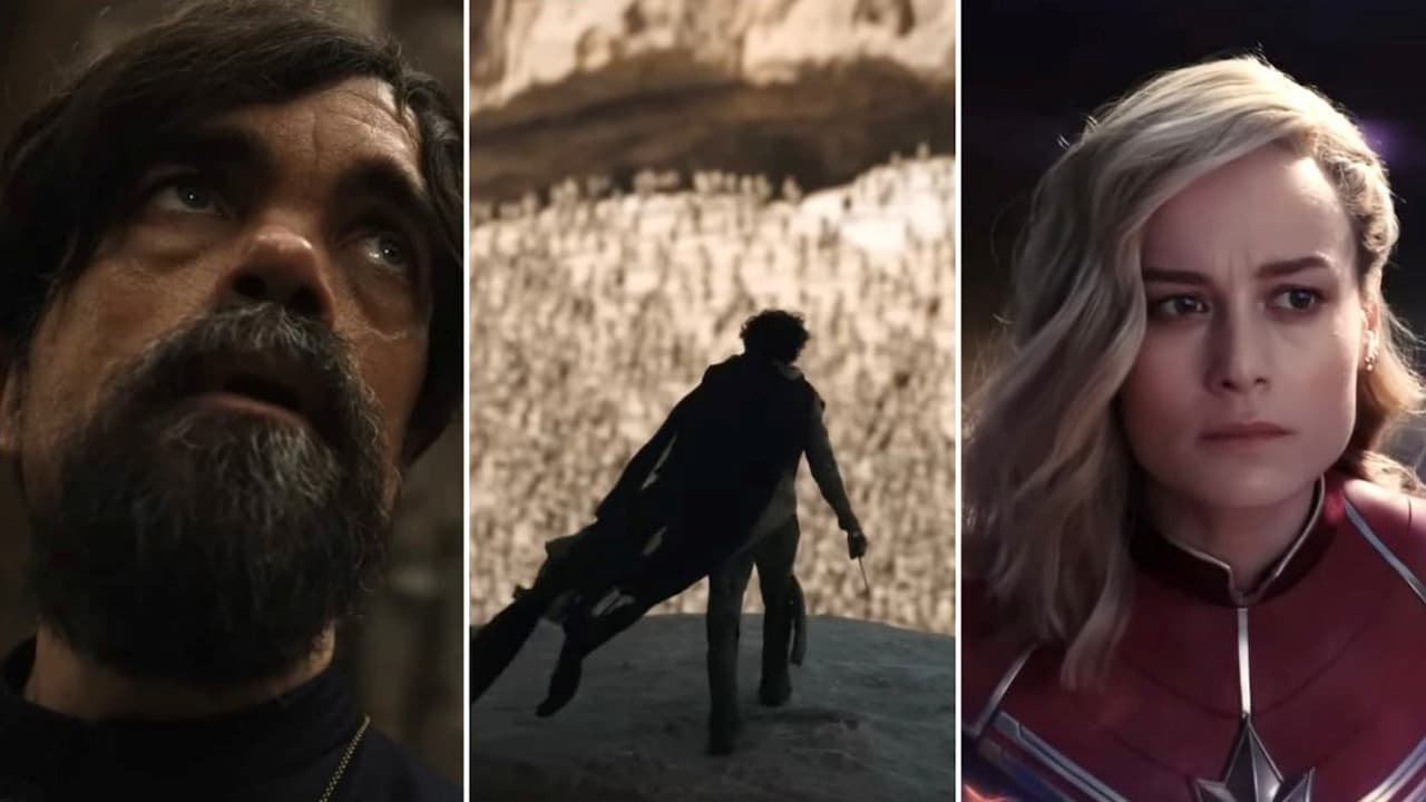 Peter Dinklage in The Hunger Games The Ballad of Songbirds and Snakes, an image of Dune: Part 2, and Carol Danvers (Brie Larson) in The Marvels, some action movies that are coming soon.