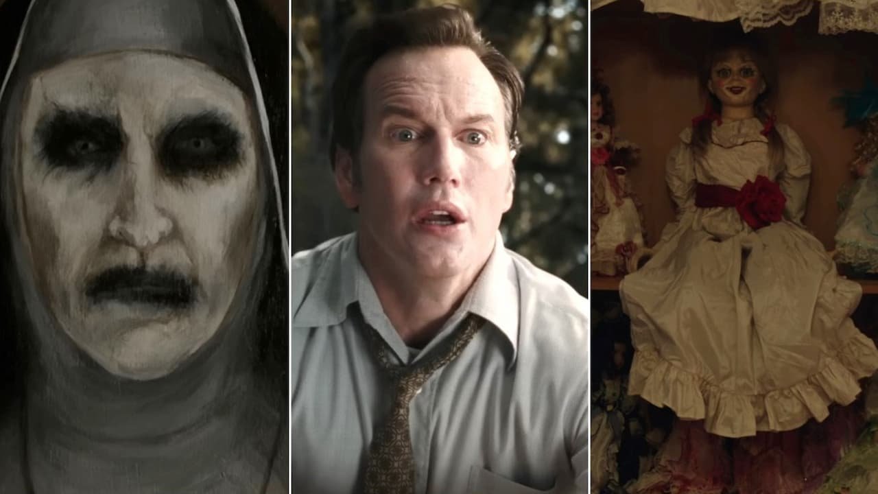 A split image of Valak from The Nun, Patrick Wilson from The Conjuring and Annabelle from Annabelle.